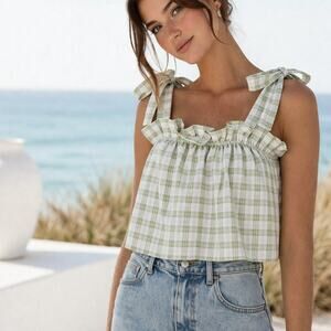 MINE Green Gingham Boho Coastal Cowgirl Tie Strap Crop Top Small